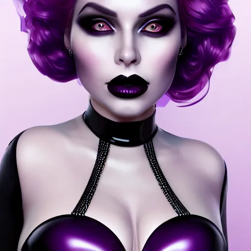 Image similar to portrait of a curvy feminine hot pale goth woman with elaborate elegant tight silver nylon latex and silk outfit black lipstick and purple makeup, cgsociety, realistic, highly detailed, sublime, 16k, smooth, sharp focus, ArtStation, hyperdetailed, volumetric lighting