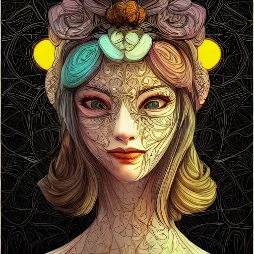 Image similar to the face of an incredibly gorgeous and elegant young woman dressed as garlic looking up, an ultrafine detailed illustration by james jean, intricate linework, bright colors, final fantasy, behance contest winner, vanitas, angular, altermodern, unreal engine 5 highly rendered, global illumination, radiant light, detailed and intricate environment