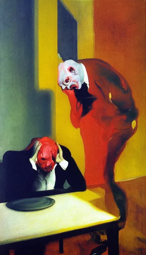Prompt: portrait of a man who wants to eat himself, but he can't do it, because he's not sugary, hauntingly surreal, highly detailed oil painting, by francis bacon, edward hopper, adrian ghenie, red and yellow and blue colour palette, cinematic composition, masterpiece