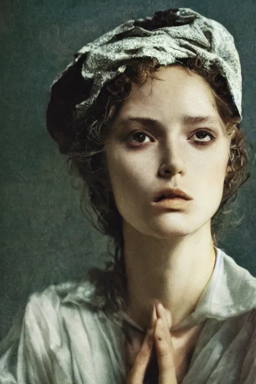 Image similar to hyperrealism close - up fashion portrait by roversi photo from the holy mountain by alejandro jodorowsky in style of francisco goya