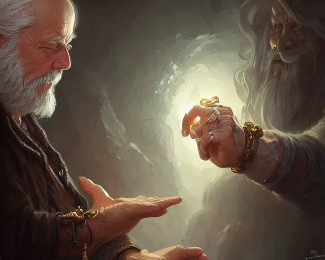 Image similar to old man wearing a ring on each finger, deep focus, d & d, fantasy, intricate, elegant, highly detailed, digital painting, artstation, concept art, matte, sharp focus, illustration, hearthstone, art by artgerm and greg rutkowski and alphonse mucha