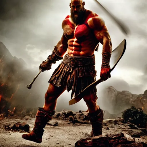 Prompt: ryan reynolds as kratos from god of war, holding a javelin, aggressive face, epic, cinematic shot, ultra realstic, 8 k