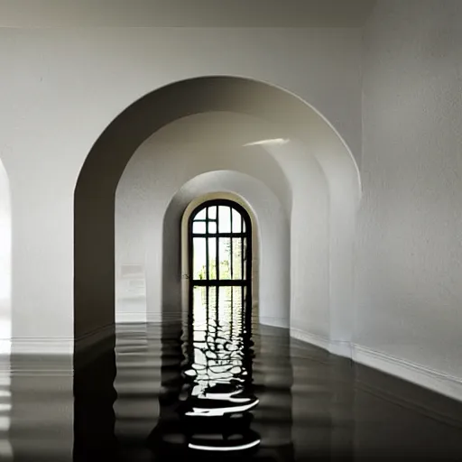 Image similar to a flooded room made of white ceramic tiles, rounded room, arched doorway, curved hallways, liminal space, surreal,