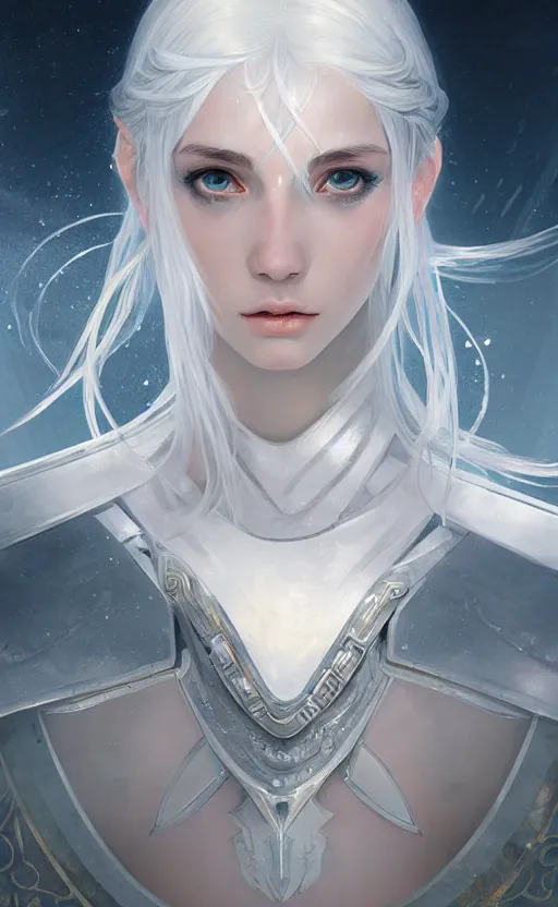 Image similar to portrait white hair knights of zodiac girl, sliver ice color reflected armor, in ruined agora of athens sunrise, ssci - fi and fantasy, intricate and very very beautiful and elegant, highly detailed, digital painting, artstation, concept art, smooth and sharp focus, illustration, art by tian zi and wlop and alphonse mucha