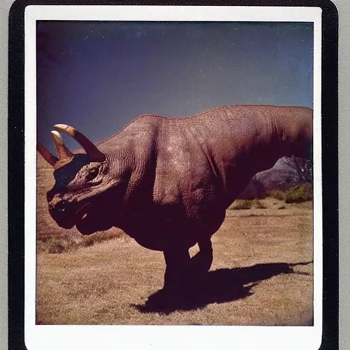 Image similar to old polaroid photo of an old man hunter standing proudly next to a triceratops corpse