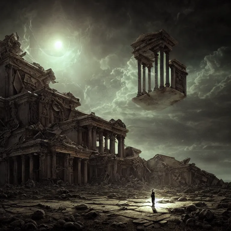 Image similar to surreal ancient alien abandoned temple on exoplanet, wrecked technology, dark clouds, surreal abandoned buildings, dream-like heavy atmosphere, baroque painting, beautiful detailed intricate insanely detailed octane render trending on Artstation, 8K artistic photography, photorealistic, dramatic volumetric cinematic light, chiaroscuro, Raphael, Caravaggio, Beksinski, Giger