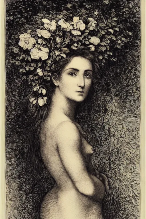 Image similar to extreme close-up portrait of a beautiful french woman from behind with flower in the head, forest background, Gustave Dore lithography