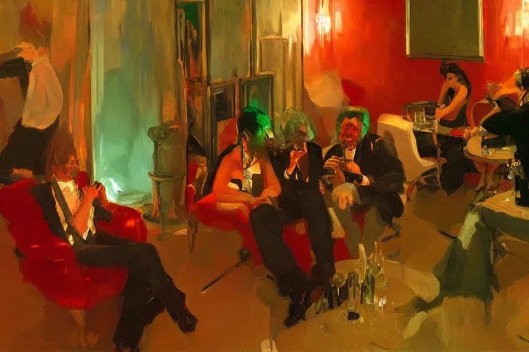 Prompt: glam rockers drinking wine, inside a tiny green room with red lights by joaquin sorolla, greg rutkowski, bill sienckiwicz, extremely detailed