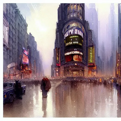Image similar to a beautifull intricate watercolour painting of a new york city scene, reflexions, verry high details by william turner art, greg rutkowski and alphonse mucha, trending on artstation, very very detailed, masterpiece, muted colors