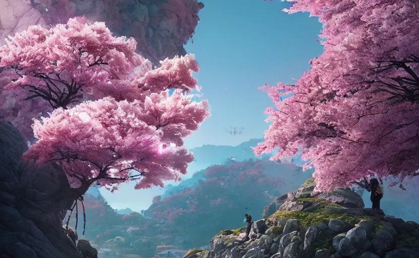 Image similar to cherry blossoms in the rocky hills, Low level, rendered by Beeple, Makoto Shinkai, syd meade, simon stålenhag, synthwave style, digital art, unreal engine, WLOP, trending on artstation, 4K UHD image, octane render,