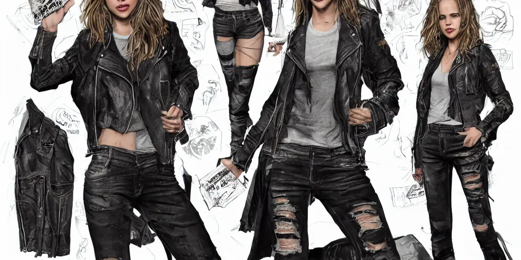 Image similar to halston sage as a tattooed wanderer, wearing scratched and ripped short leather jeans, wearing an aviator jacket with a smiley stamp on its back, character sheet, fine details, props, concept design, contrast, kim jung gi, greg rutkowski, trending on artstation, 8 k, full body, turnaround, front, back, ultra wide angle