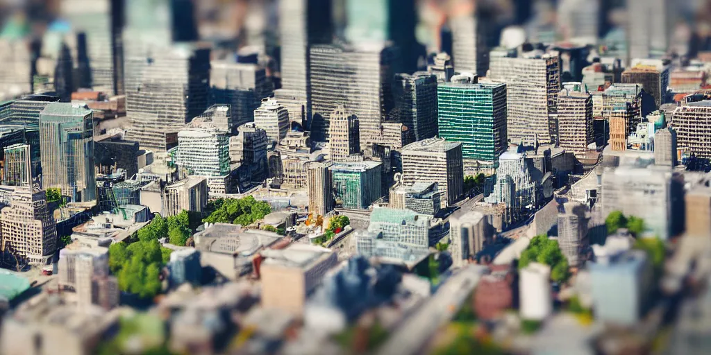 Image similar to a miniature diorama of downtown montreal, macro photography, tilt shift