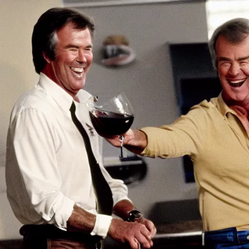 Image similar to kevin tighe laughing, as he kicks randy mantooth, who has a bottle of wine in his hand