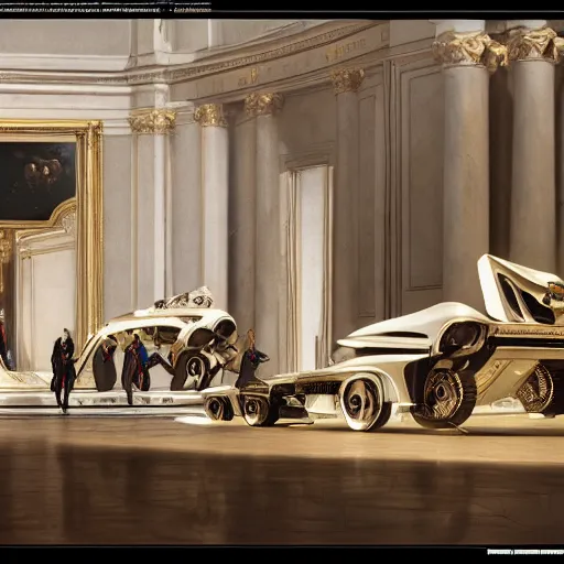 Image similar to full lenght sci-fi cars in the coronation of napoleon painting by Jacques-Louis David and point cloud in the middle and everything in form of zaha hadid architects artwork by caravaggio unreal engine 5 keyshot octane lighting ultra high detail ultra hyper realism 8k 16k in plastic dark tilt shift full-length view