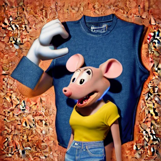 Image similar to 3 d render, portrait, headshot, closeup, anthropomorphic mouse, female, wearing denim short shorts and a off yellow tank top shirt, in the style of flushed away