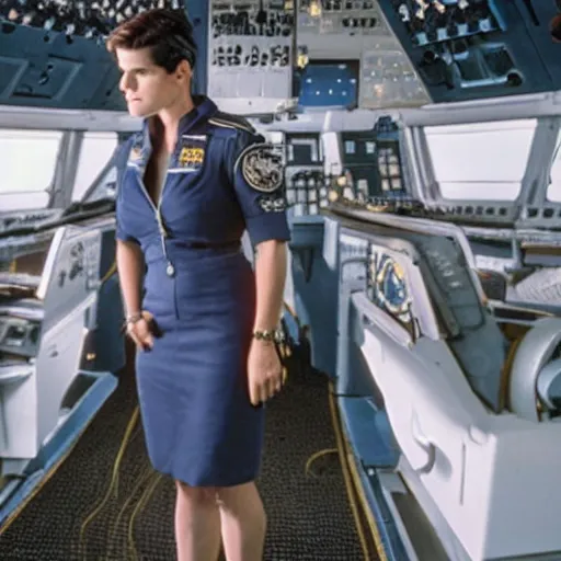 Image similar to photo of neve campbell dressed as a pilot on the flight deck of an airliner, 4 k, highly detailed.