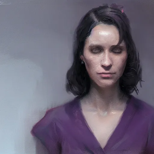 Prompt: portrait of a woman by greg rutkowski, she is about 3 0 years old, messy black bob hair, pale round face, tired eyes, she is wearing a purple nurse jumpsuit, highly detailed portrait, digital painting, artstation, concept art, smooth, sharp foccus ilustration, artstation hq