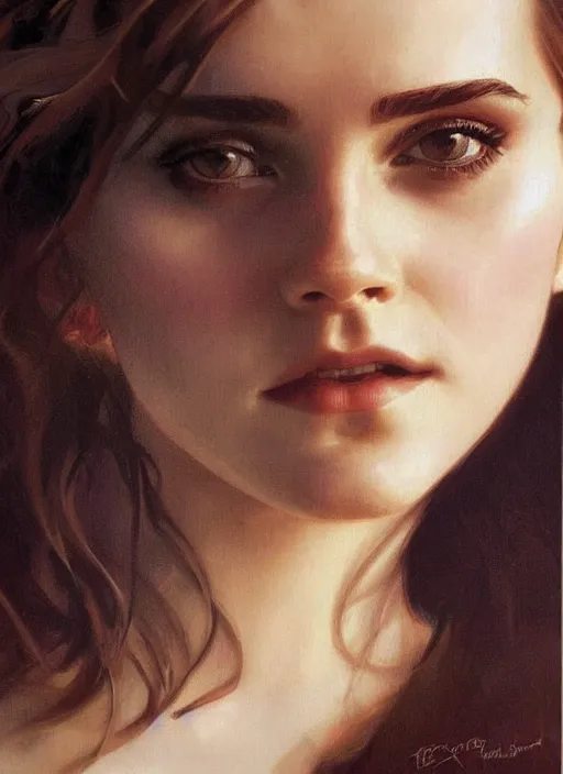Image similar to oil painting of emma watson giving seductive look. beautiful detailed face. by artgerm and greg rutkowski and alphonse mucha