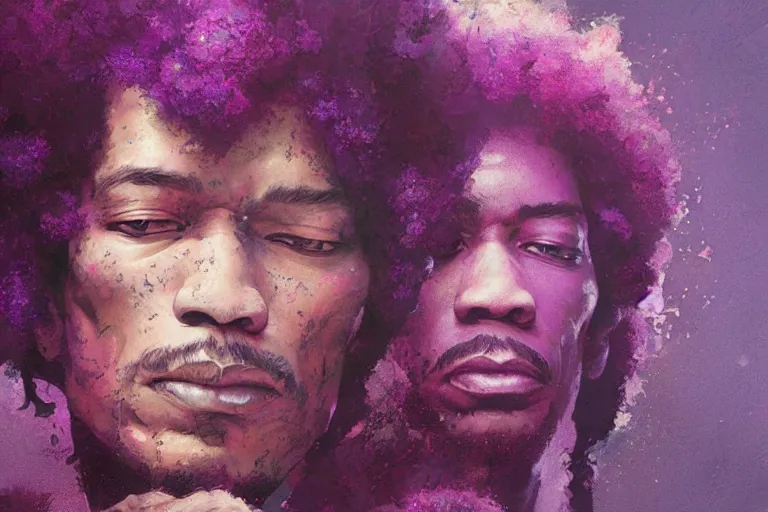 Image similar to jimi hendrix as a purple haze, soft, sharp focus, detailed, artwork by Tooth Wu and wlop and greg rutkowski