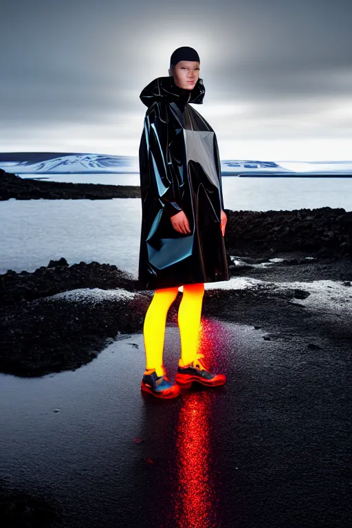 Image similar to an ultra high definition professional high fashion portrait studio full length photograph of a model wearing a transparent pearlescent raincoat and neon visor in an icelandic black rock environment at dawn. no artefacts. extremely detailed. stark. refraction. shallow depth of field. volumetric light and shadow. ray tracing. light rays.