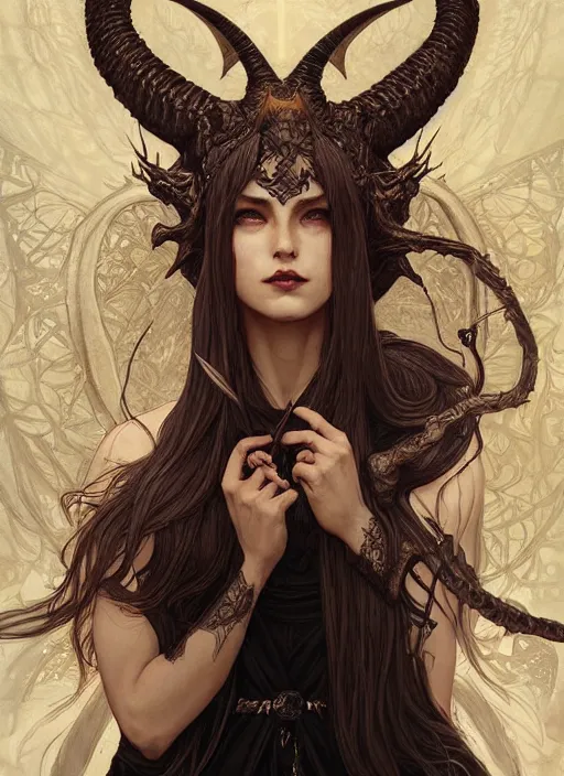 Image similar to a beautiful illustration of a satanic witch with horns in head holding a dragon, intricate, sharp focus, illustration, highly detailed, digital painting, concept art, matte, art by wlop and artgerm and greg rutkowski and alphonse mucha, masterpiece