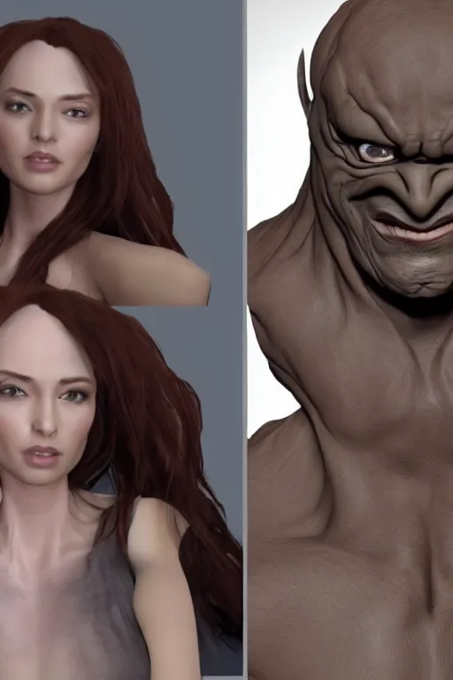 Prompt: A realistic clayface is standing front of TV and making a head by copying female model's appearance in the TV screen which shows her photoshoot, highly detailed,