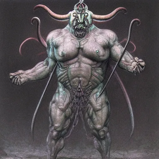 Image similar to raijin demon concept, horned, bulky body, beksinski