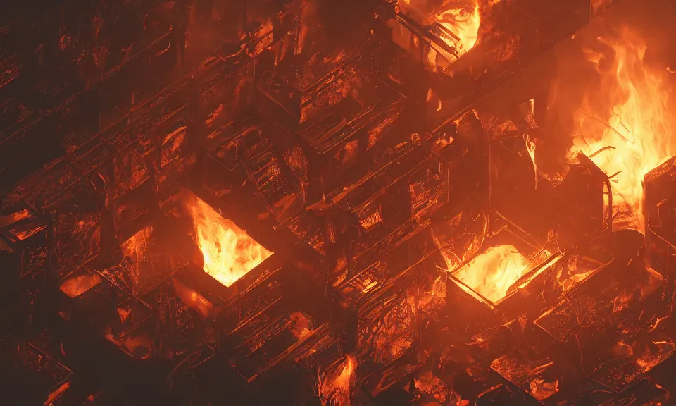 Prompt: hot hell office with burning desks and chairs, close up, featured in artstation, octane render, intricate, ultra detailed, fantasy, concept art, sharp focus, illustration, 8 k