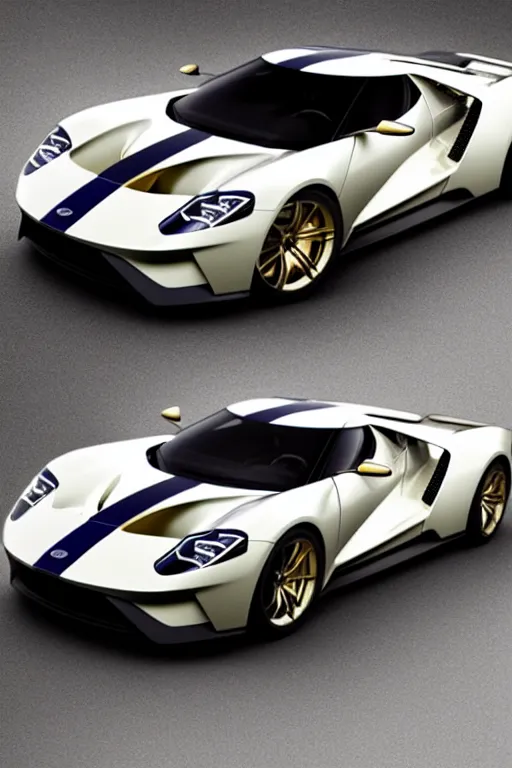 Image similar to ford gt 9 0 concept car painted in white pearl with gold rims