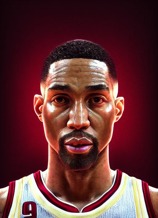 Image similar to a 3 d rendered portrait of an 9 0's nba basketball player by artist hadi karimi, wlop, artgerm, greg rutkowski, serious expression, dramatic lowkey studio lighting, accurate skin textures, octane renderer, hyperrealism, zbrush, cgsociety, aesthetically pleasing and harmonious vinatge colors