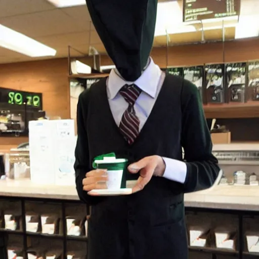 Image similar to slenderman working at starbucks.