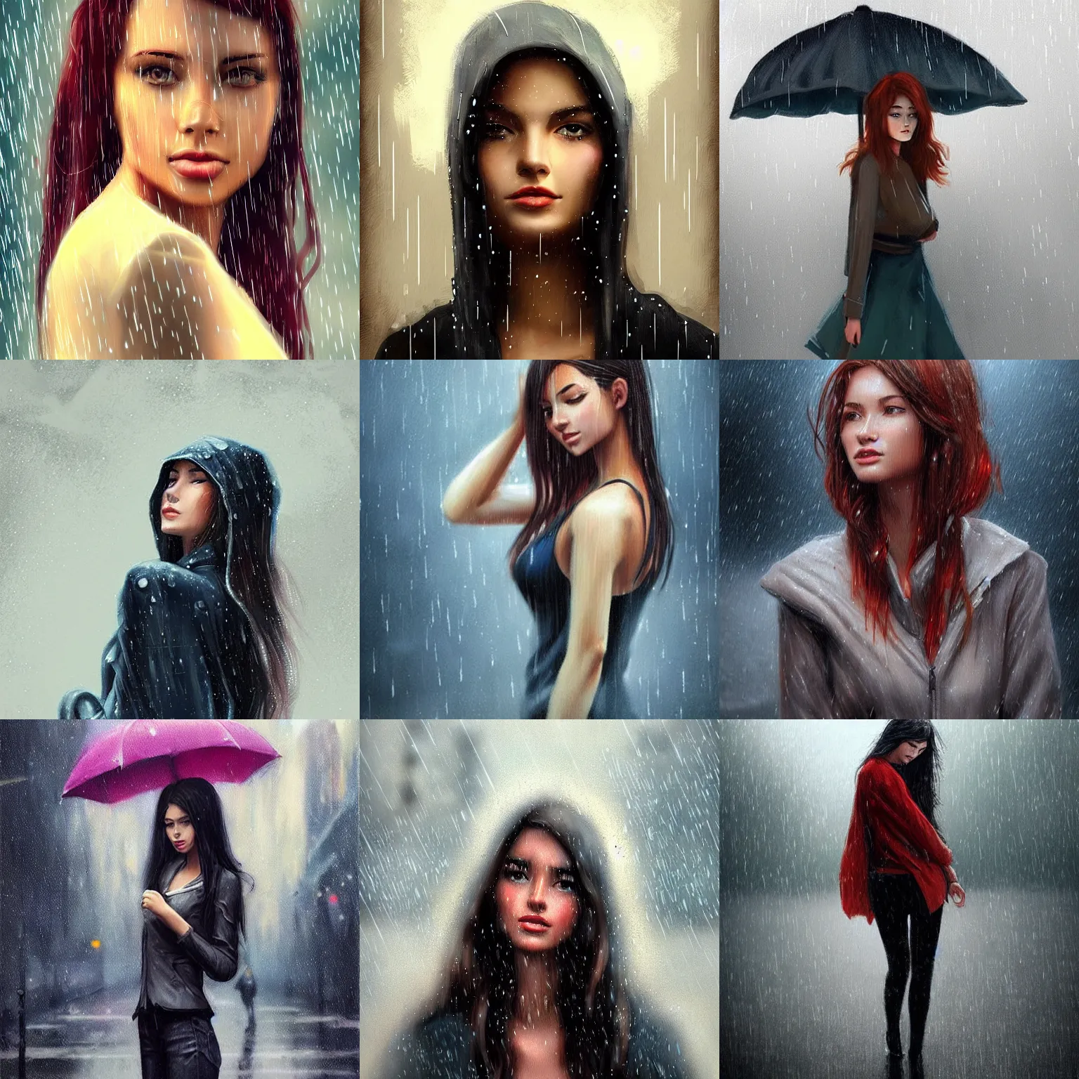 Prompt: beautiful young woman standing in the rain, trending on artstation