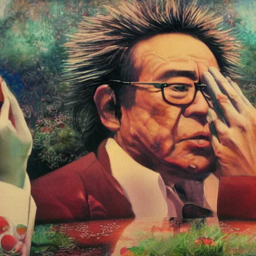 Image similar to yoshitaka amano's famous and beautiful painting of jean baudrillard in the oceanspray cranberry commercial