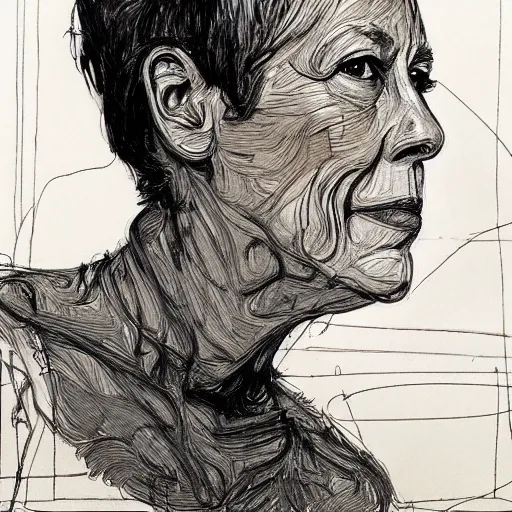 Prompt: a realistic yet scraggly portrait sketch of the side profile of a stern and sophisticated jamie lee curtis, trending on artstation, intricate details, in the style of frank auerbach, in the style of sergio aragones, in the style of martin ansin, in the style of david aja, in the style of mattias adolfsson
