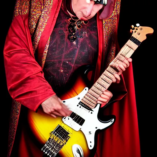 Image similar to uhd candid photo of cosmic dracula playing electric guitar in church, glowing, global illumination, studio lighting, radiant light, detailed, correct face, elaborate intricate costume. photo by annie leibowitz