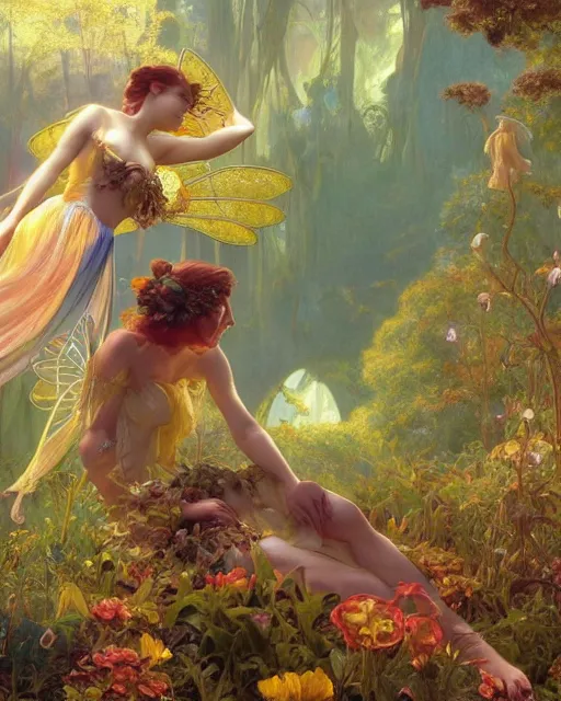 Image similar to a beautiful fairy in a morning dreamland, full body, coherent design, symmetrical, vivid color, complementary color, golden ratio, detailed, sharp lines, intricate, rainbowshift, by james gurney, by peter mohrbacher, by alphonse mucha, by maxfield parrish, by karol bak, waterhouse, octane render