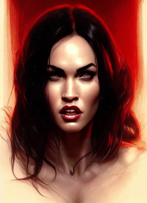 Prompt: portrait of megan fox as a vampire showing his teeth, intricate, elegant, glowing lights, highly detailed, digital painting, artstation, concept art, smooth, sharp focus, illustration, art by wlop, mars ravelo and greg rutkowski