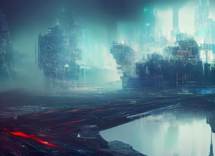 Prompt: large android like creature appearing through the fog which half covers a futuristic city. explosions, ultra wide angle, panoramic, colourful painting, detailed art by stephen martiniere, 8 k resolution