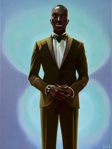 Image similar to pulp magazine cover of a black man in a suit smoking, cinematic view, dynamic lighting, volumetric lighting, mysterious highly detailed, smooth, digital painting, symmetrical, art by vincent di fate, kehinde wiley, artem demura, frezetta