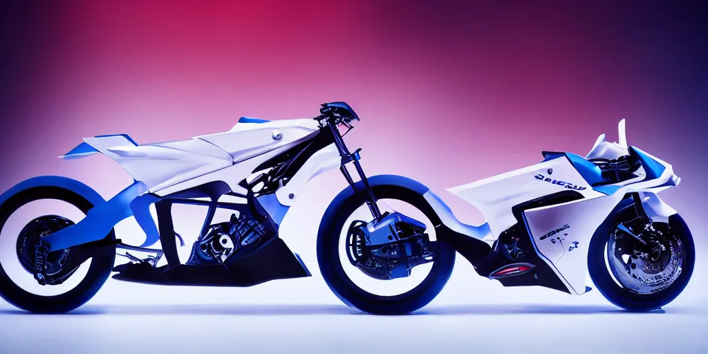Prompt: design of futuristic suzuki, designed by honda, industrial design, northern lights background, brushed white and blue paint, red rims, dark show room, dramatic lighting, hyper realistic photo, depth of field, bokeh effect, 1 5 0 mm, shot on arriflex 3 5 ii