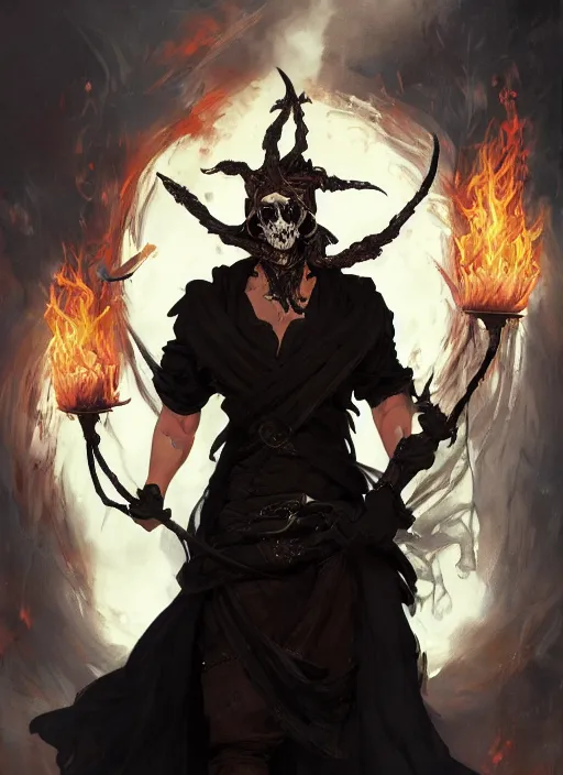 Image similar to character concept portrait of an attractive young angry Spanish wizard with pale black skin and a parital skull mask enchanting a flaming seduction spell, a floating burning spell book in the center, intricate, elegant, digital painting, concept art, smooth, sharp focus, illustration, from Metal Gear, by Ruan Jia and Mandy Jurgens and William-Adolphe Bouguereau, Artgerm