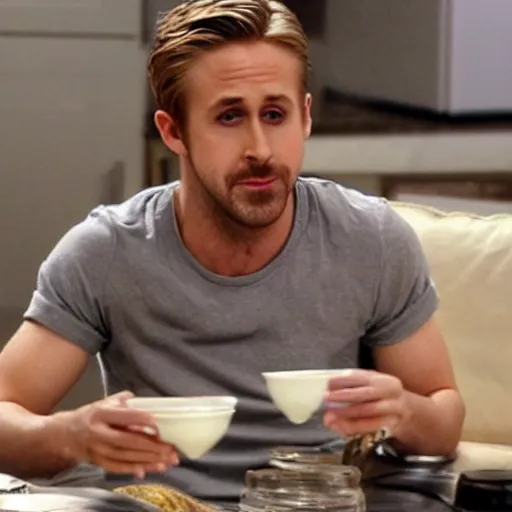 Prompt: ryan gosling overdosing on cereal