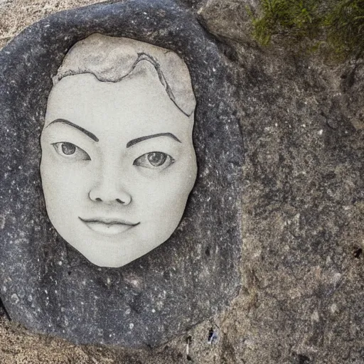 Image similar to big rock solid stone with the emerging face of emma stone buried inside the stone rock