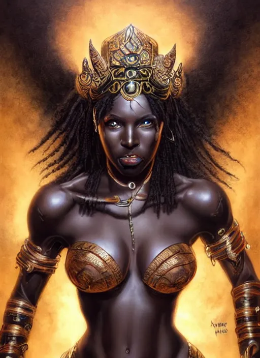 Prompt: a highly detailed symmetrical full body painting of a dark skinned female amazon sorceress with piercing beautiful eyes in dark tomb setting, dynamic lighting, ambient lighting, deviantart, art by artgerm and karol bak and mark brooks