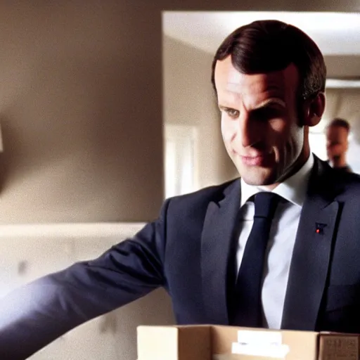 Image similar to Emmanuel Macron moving Ikea furniture in his empty room, in American Psycho (1999)