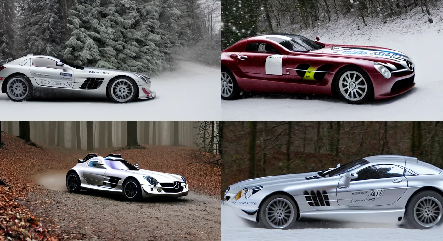 Prompt: a 2 0 0 9 mercedes - benz slr stirling moss, racing through a rally stage in a snowy forest