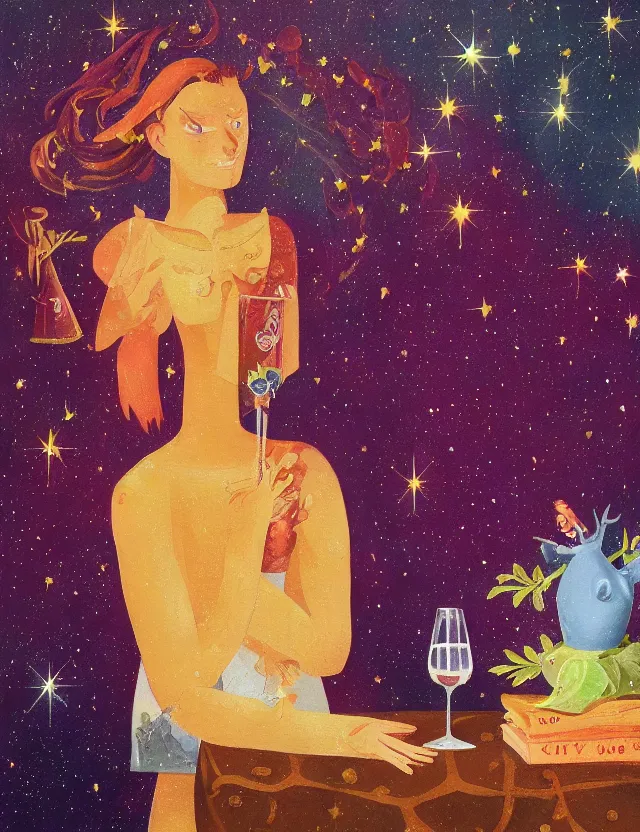 Prompt: androgynous deity of starlight and wine. this oil painting by the beloved children's book illustrator has interesting color contrasts, plenty of details and impeccable lighting.