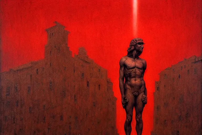 Image similar to only with red, caesar after war, a red tiger, in hoc signo vinces, rome in background, an ancient path, in the style of beksinski, part by hopper, part by rodcenko, part by hofbauer, intricate composition, red by caravaggio, insanely quality, highly detailed, masterpiece, red light, artstation