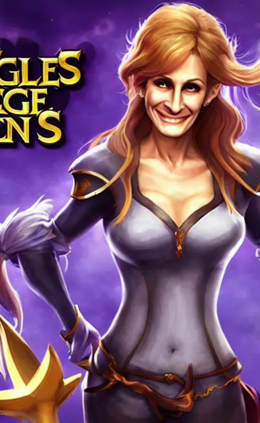 Image similar to Julia Roberts as a character in the game League of Legends, with a background based on the game League of Legends, detailed face, old 3d graphics