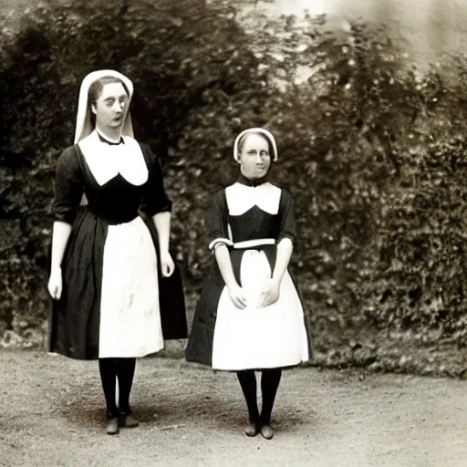 Prompt: victorian maids wearing uniforms made of plastic